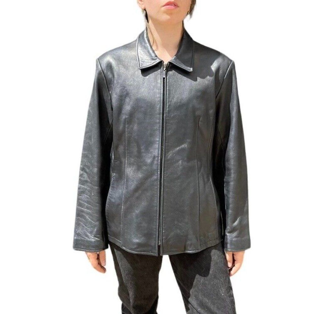 Vintage 90s Womens Gallery Black Soft Leather Full Zip Bomber Biker Jacket XL